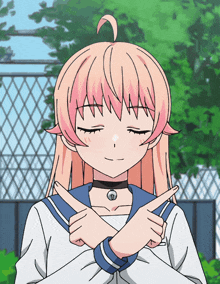 a girl with pink hair and a choker is crossing her fingers
