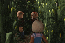 a girl in a blue and white striped shirt is running through a corn field
