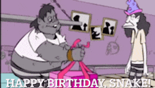 a cartoon says " happy birthday snake " in the corner