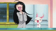 a girl is laughing next to a white bunny with pink ears