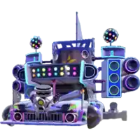 a cartoon drawing of a car with speakers and disco balls on it