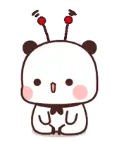 a cartoon panda bear with antennas on its head is sitting down and smiling .