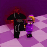 a man in a black hat is standing next to a purple and white checkered floor .