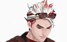 a close up of a man wearing sunglasses and a red shirt on a white background .