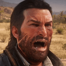 a man with a beard is making a funny face with his mouth open in a video game .