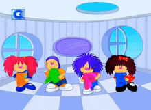 a group of cartoon characters are holding letters in a room with a c on the ceiling