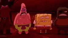 a cartoon of spongebob crying next to patrick and a monster