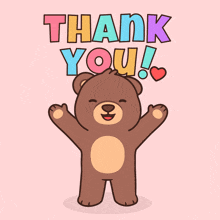 a teddy bear with its arms outstretched and the words thank you written above it