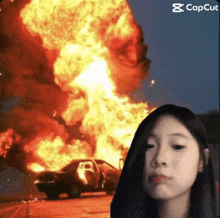 a woman stands in front of a car on fire with a caption that says cap cut