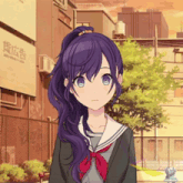 a girl with purple hair stands in front of a building with chinese writing