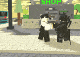a video game character is standing in front of a store that says shop