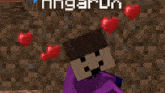 a minecraft character is surrounded by red hearts on a wall .