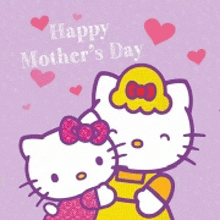 hello kitty is holding a baby and says happy mother 's day on a purple background