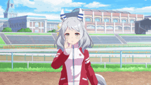a girl in a red and white outfit with a horse on her head