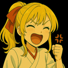 a cartoon girl with blonde hair and a red bow on her ponytail is making a funny face