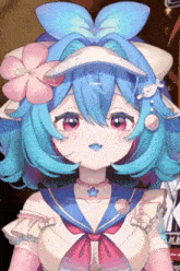 a close up of a girl with blue hair and pink eyes wearing a sailor outfit and a flower in her hair .