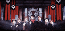 a group of men are standing in front of a banner that says ' x ' on it