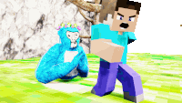 a minecraft character standing next to a blue gorilla with flowers on its head