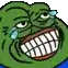 a pixel art drawing of a green frog with big teeth and tears in his eyes .