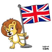 a cartoon of a lion holding a british flag says logical lion