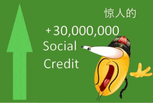 a green background with an arrow pointing up and the words " + 30,000,000 social credit " on it