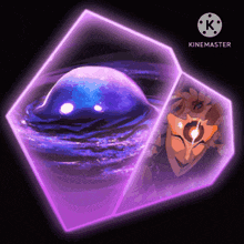 a purple cube with a cartoon character inside of it and the letter k on the bottom