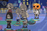 a cartoon character with a pumpkin head is standing next to a group of cartoon characters