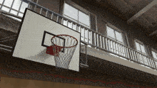 a basketball hoop is hanging from the ceiling of a building