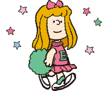 a cartoon of a girl with the letter e on her jersey