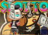 a cartoon character holding a dollar bill in front of a sign that says sloto