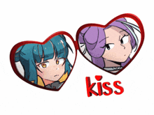 two anime girls in heart shaped frames with the word kiss underneath them