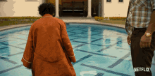 walk depressed pool orange robe curly hair