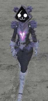 a woman in a purple costume with a hood and a purple heart on her chest