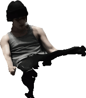 a man wearing a tank top and a black hat is kicking something