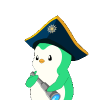 a cartoon penguin wearing a pirate hat looking through a telescope
