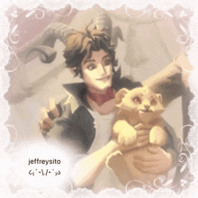 a drawing of a man with horns holding a lion with the name jeffreysito written on the bottom
