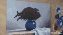 a painting of a blue vase with flowers on a table is made in animatica