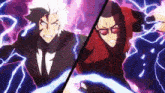 two anime characters are fighting each other with lightning coming out of their heads .
