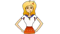 a cartoon of a girl with a pizza on her head