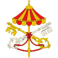 a red and yellow umbrella with keys and a cross on top of it