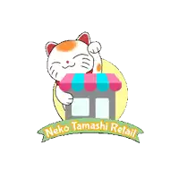 a neko tamashi retail logo with a cat holding a store front