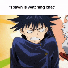 a picture of a person with a caption that says " spawn is watching chat "