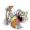 a pixel art drawing of a cartoon character holding a pencil with its mouth open .
