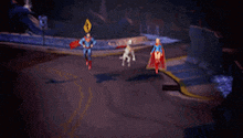 superman and supergirl are standing next to each other on a street