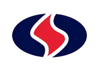 a blue circle with a red and white s in the middle