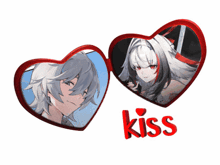 a couple of anime hearts with the word kiss on the bottom
