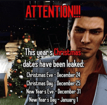 a man in a suit stands in front of a christmas tree and a sign that says attention