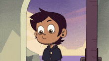 luz from the owl house is standing in front of a purple wall .