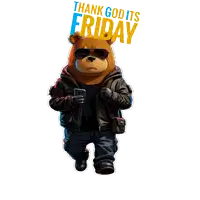 a teddy bear wearing sunglasses and a leather jacket is holding a cell phone with the words thank god its friday above him