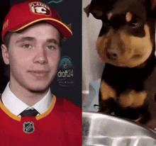 a man wearing a flames hat next to a small dog